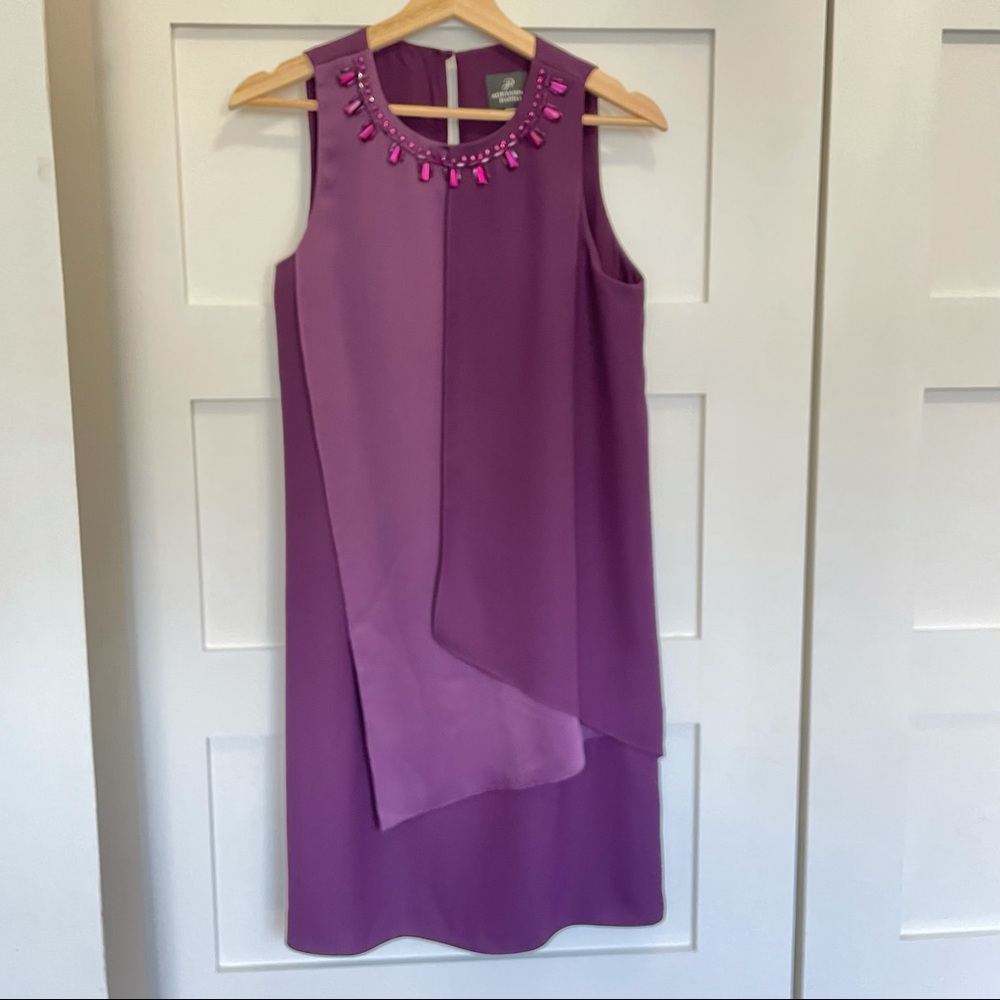 Adrianna Papell cocktail party dress deep purple jewel neck shift loose fit sz 4